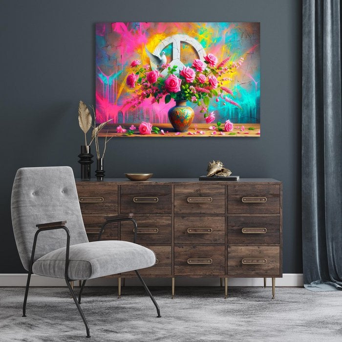 Prachtige Acrylglas Schilderij “Flowers, Peace & Color” – Bloemen, Vredesteken en Duif op Modern Kunstwerk