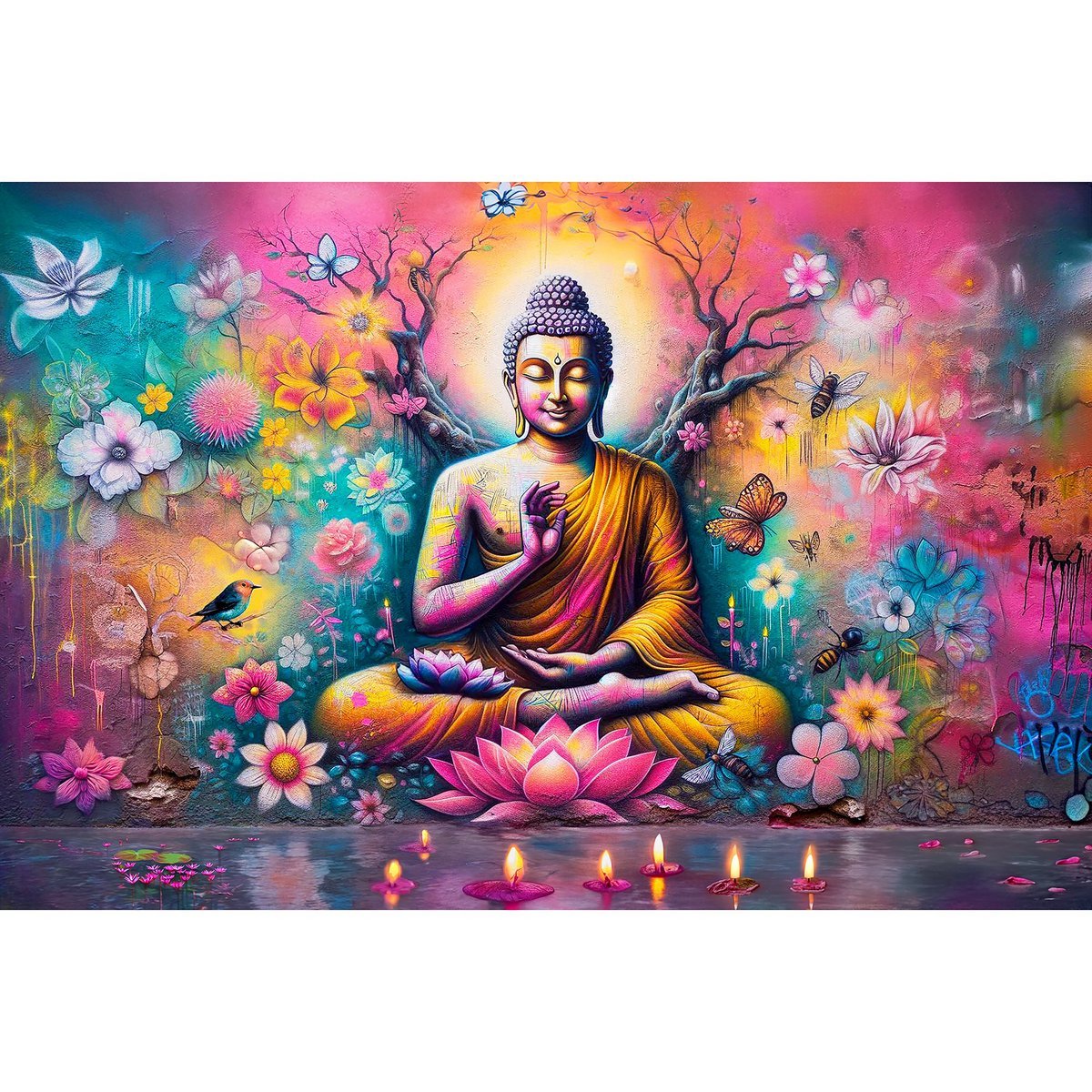 Prachtige Acrylglas Schilderij “Buddha Time” – Boeddha Wanddecoratie met Bloemen