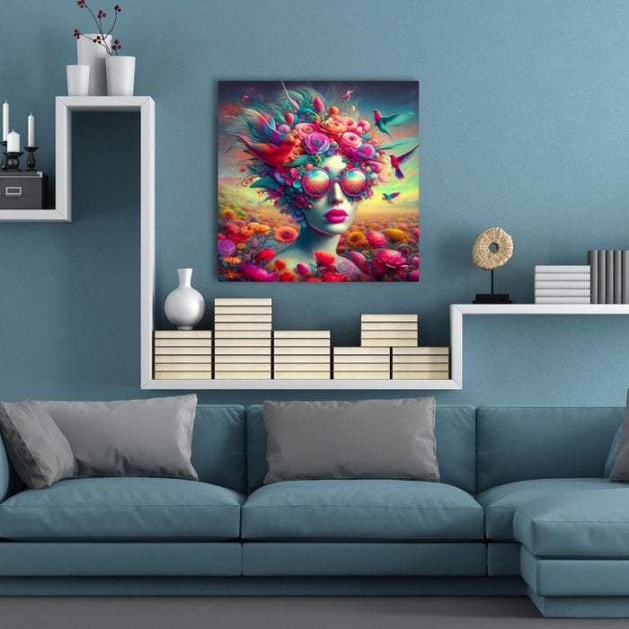Prachtige Acrylglas Schilderij “Woman with Unusual Glasses I” – Vrouw met Bloemen & Vogels