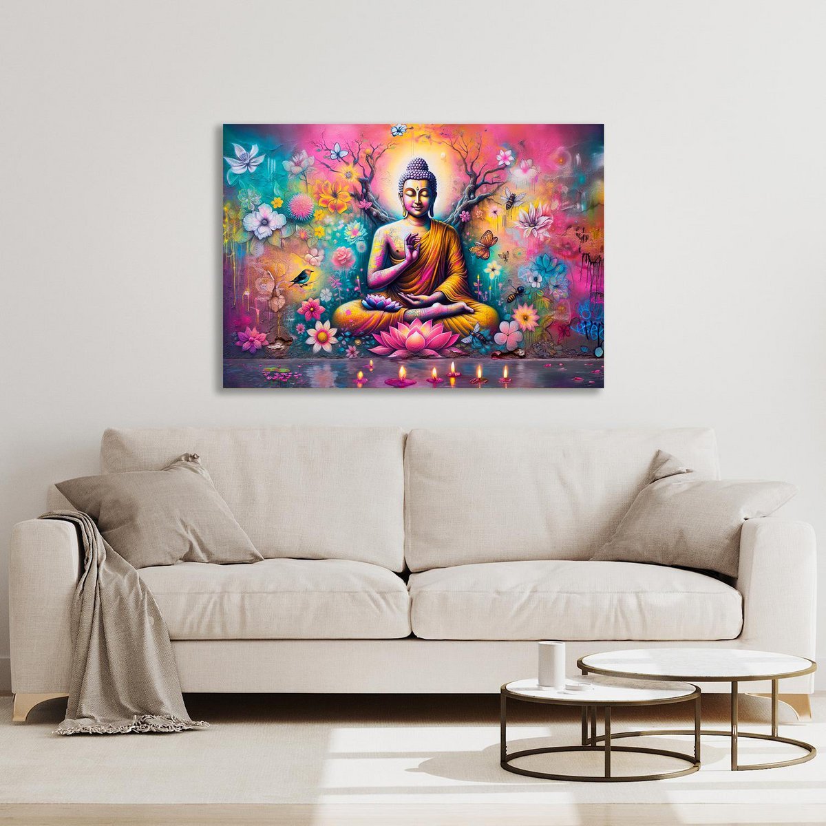 Prachtige Acrylglas Schilderij “Buddha Time” – Boeddha Wanddecoratie met Bloemen