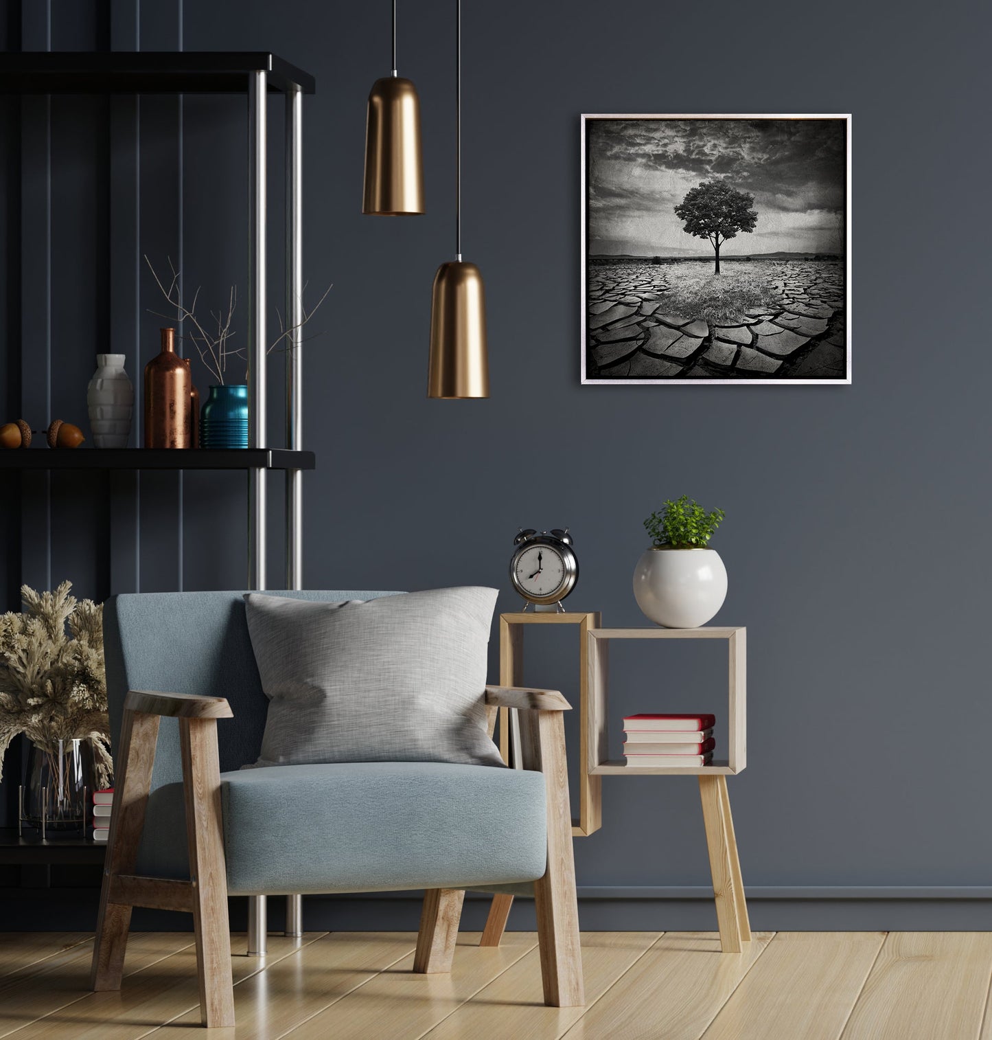 Wanddecoratie Canvas 50x50 cm met Schaduwvoeglijst – Boom in Zwart-Wit – Premium Kwaliteit