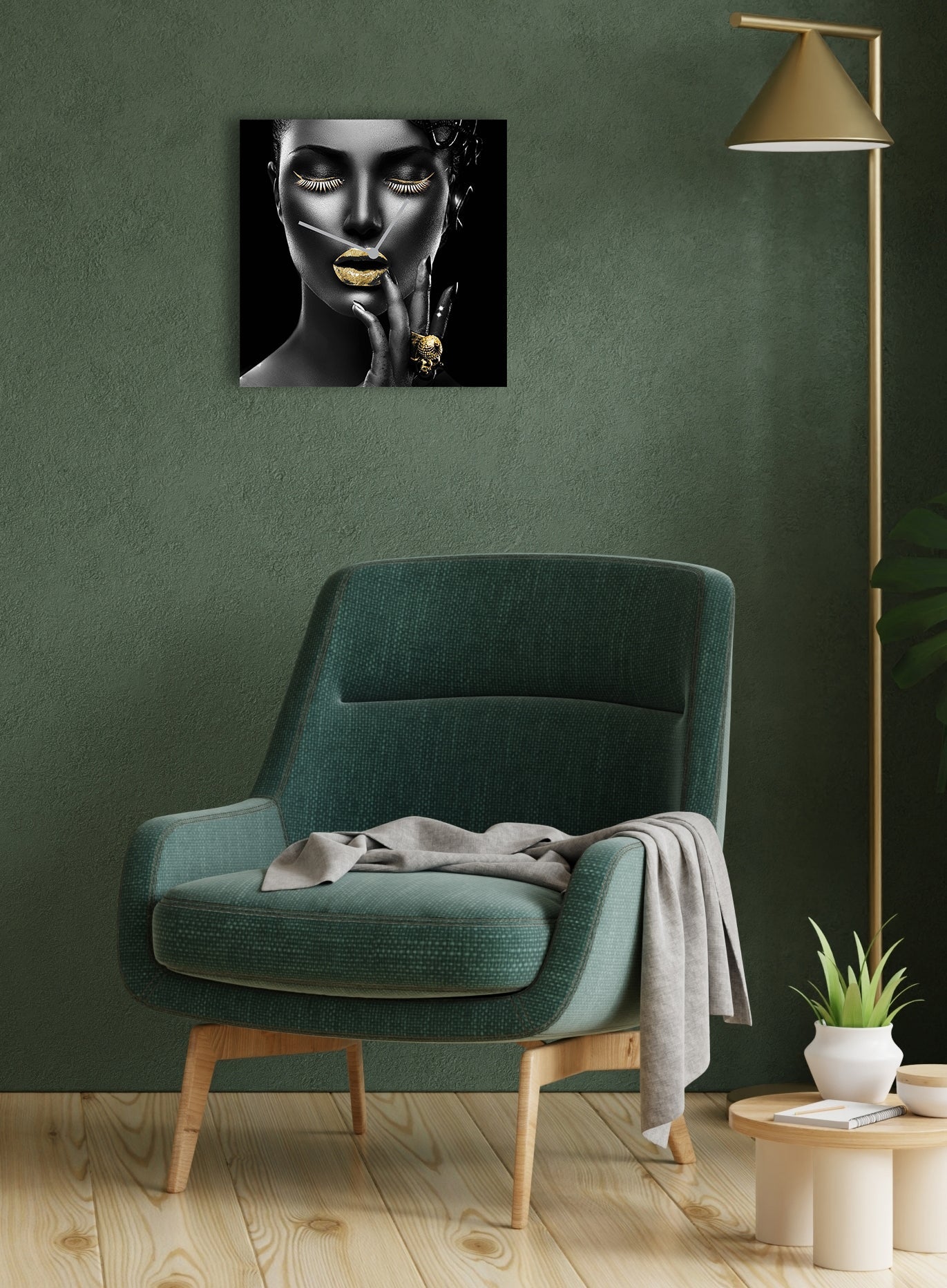 Acrylglas wandklok “Black & White Woman” met bladgoud – design kunstklok