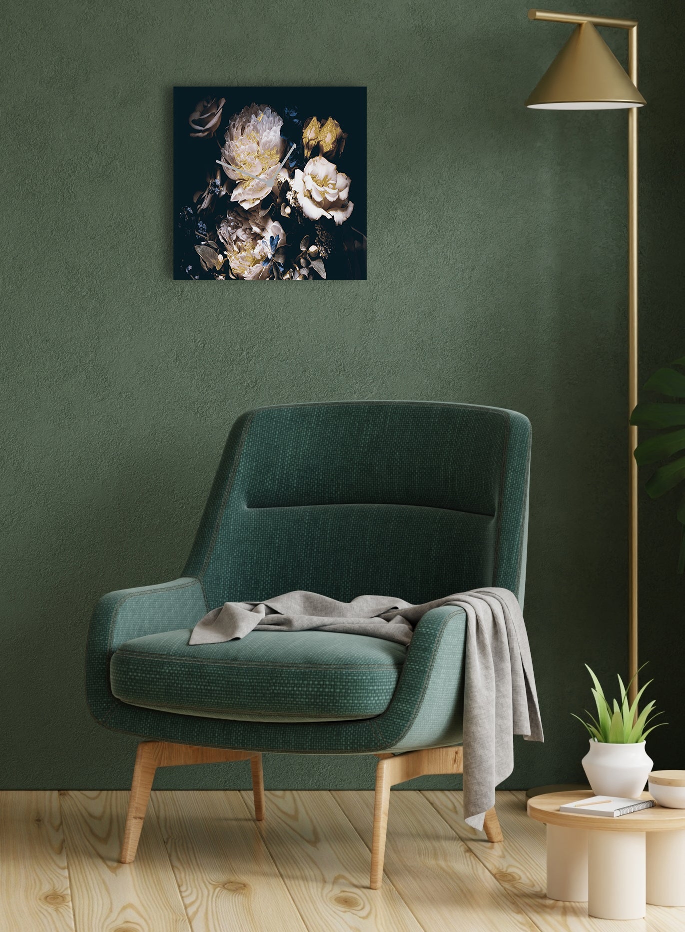 Golden Flower acrylglas wandklok met bladgoud – luxe designklok