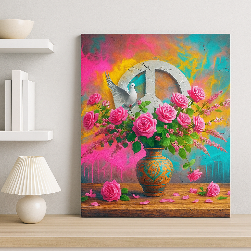 Prachtige Acrylglas Schilderij “Flowers, Peace & Color” – Bloemen, Vredesteken en Duif op Modern Kunstwerk