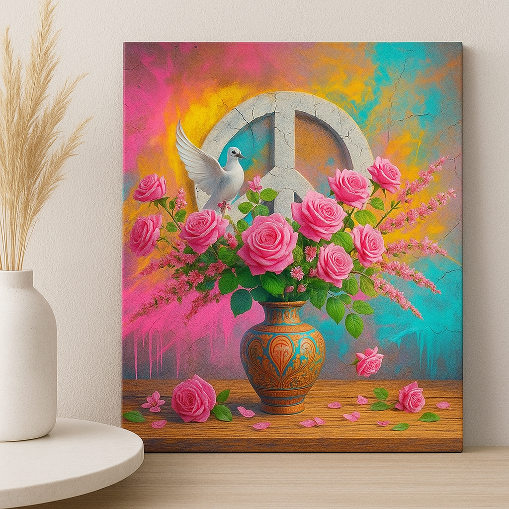 Prachtige Acrylglas Schilderij “Flowers, Peace & Color” – Bloemen, Vredesteken en Duif op Modern Kunstwerk