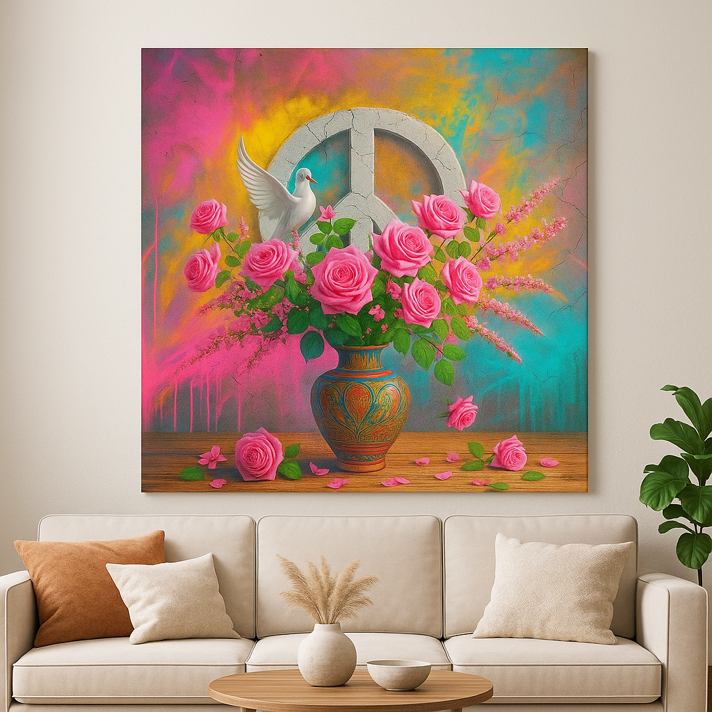 Prachtige Acrylglas Schilderij “Flowers, Peace & Color” – Bloemen, Vredesteken en Duif op Modern Kunstwerk