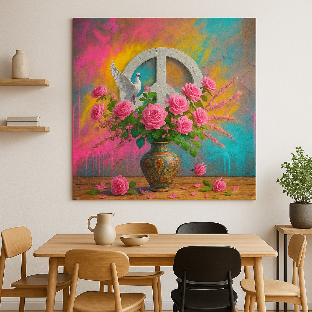 Prachtige Acrylglas Schilderij “Flowers, Peace & Color” – Bloemen, Vredesteken en Duif op Modern Kunstwerk