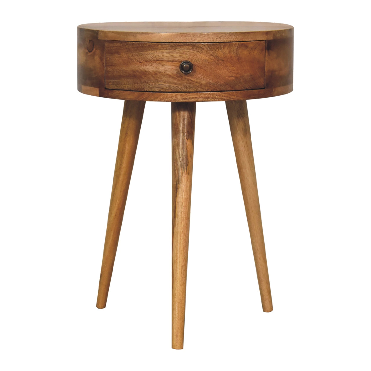 Handgemaakte -Bijzonder nachtkastje – rond – mini – eikenlook – elegant design