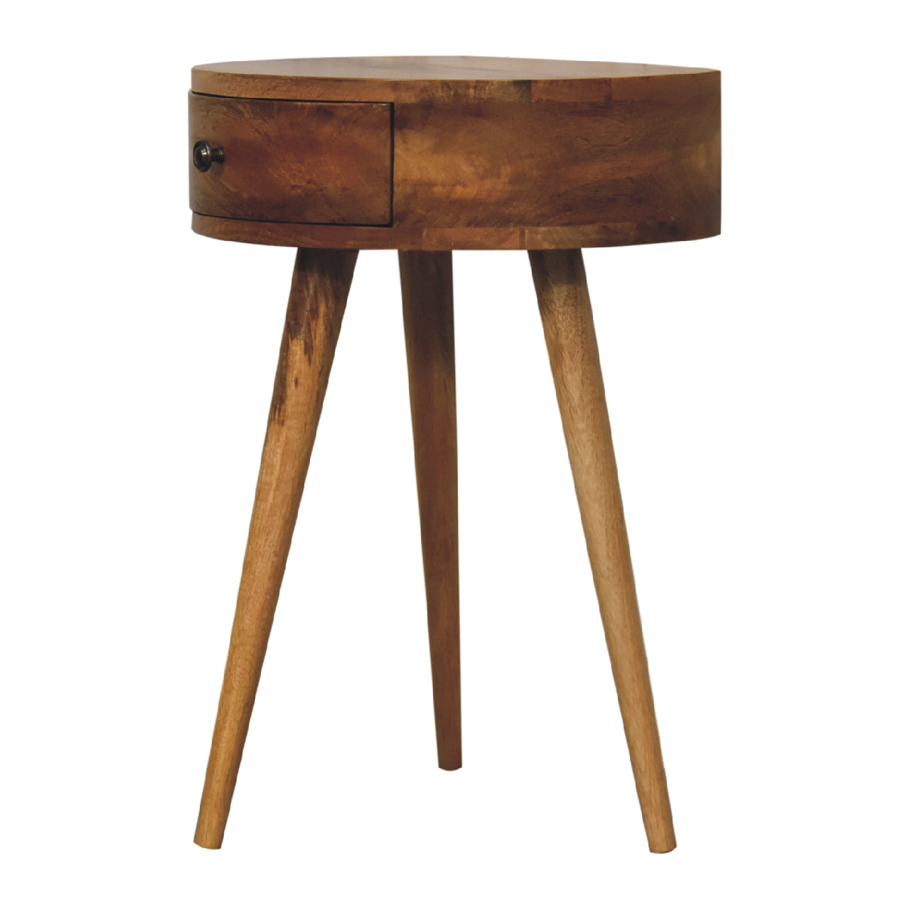 Handgemaakte -Bijzonder nachtkastje – rond – mini – eikenlook – elegant design