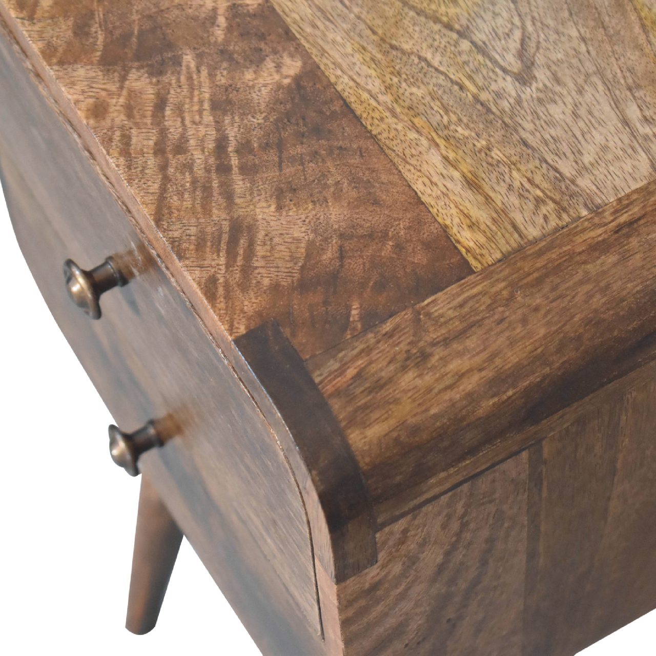 Handgemaakte -Uniek nachtkastje – gebogen – grey wash hout – subtiel & compact