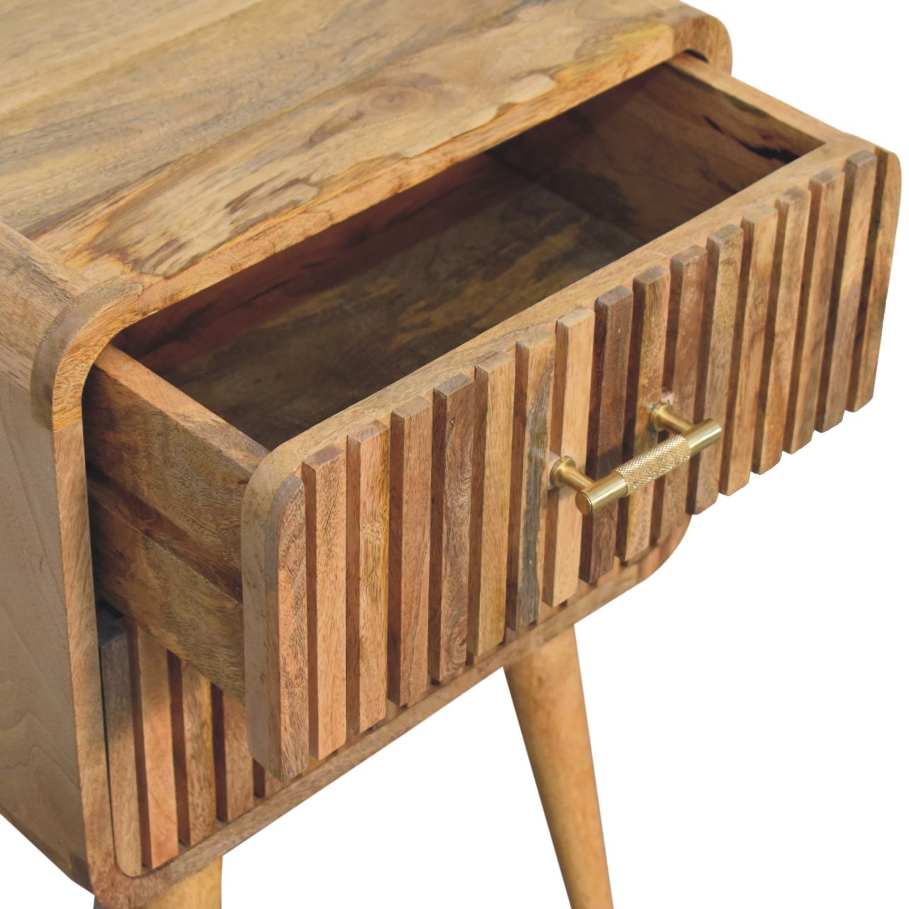 Handgemaakte -Prachtig nachtkastje – ribbel structuur – T-bar lade – houtlook