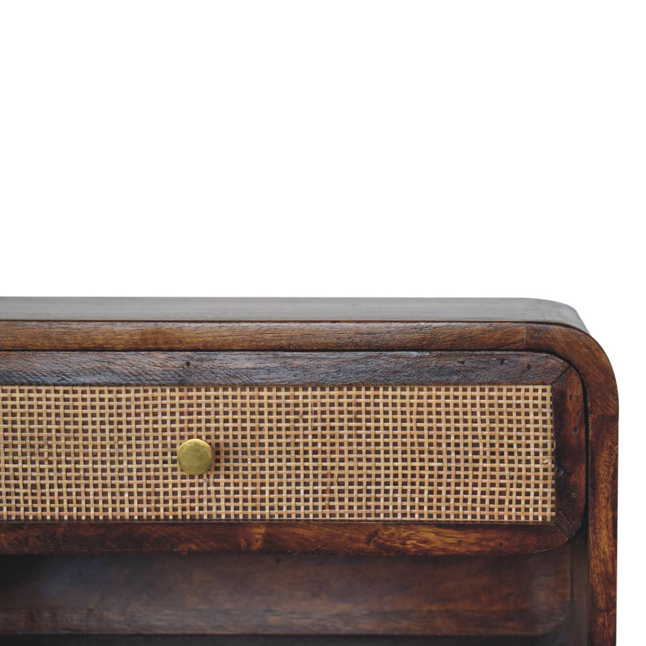 Handgemaakte -Zwevend wandkastje – kastanje – open geweven design – stijlvol
