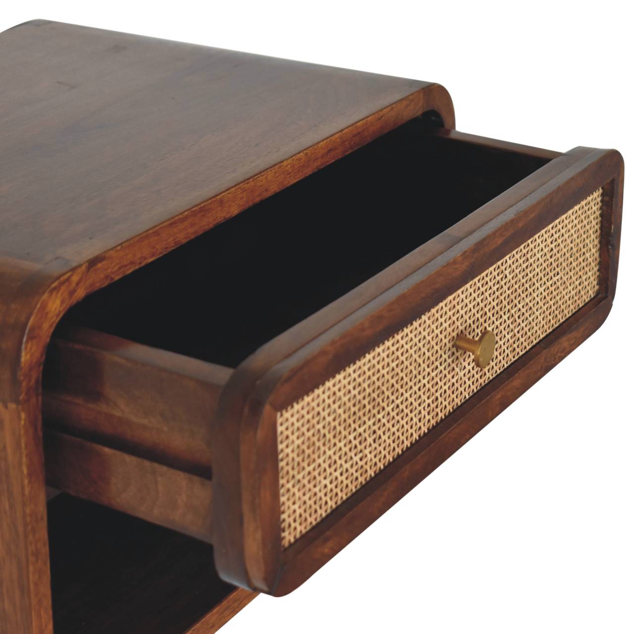 Handgemaakte -Zwevend wandkastje – kastanje – open geweven design – stijlvol