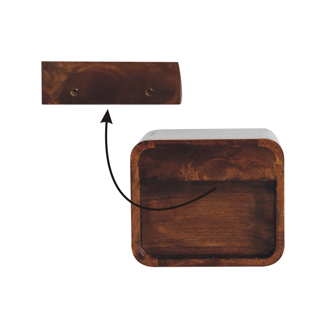 Handgemaakte -Mini wandkastje – kastanje – gebogen – open vak – compact formaat