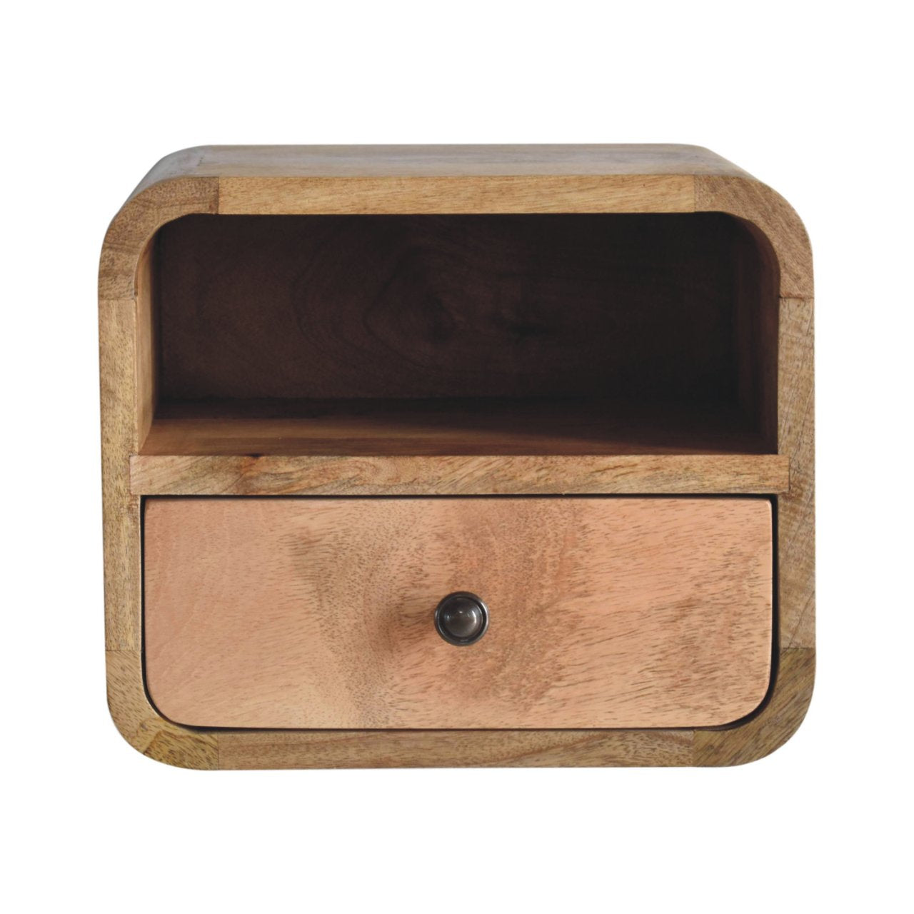 Handgemaakte -Wandkastje mini – eikenlook – gebogen – open sleuf – zwevend