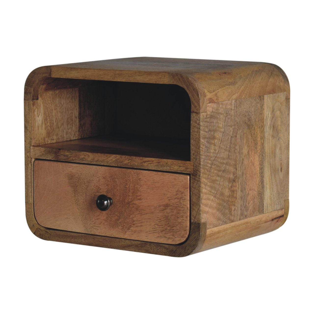 Handgemaakte -Wandkastje mini – eikenlook – gebogen – open sleuf – zwevend