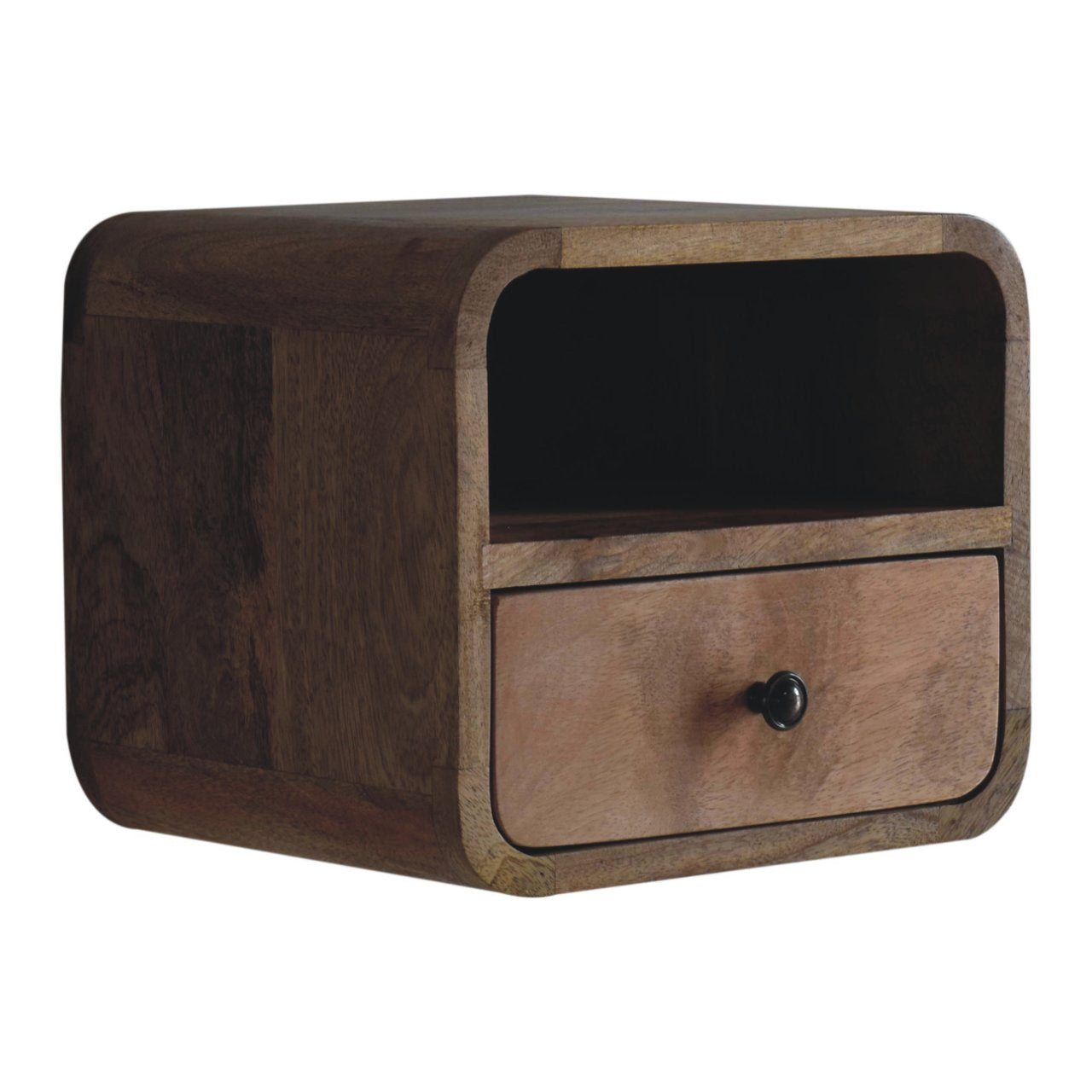 Handgemaakte -Wandkastje mini – eikenlook – gebogen – open sleuf – zwevend