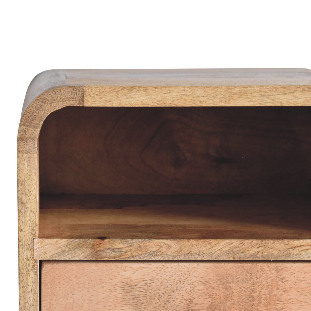 Handgemaakte -Wandkastje mini – eikenlook – gebogen – open sleuf – zwevend