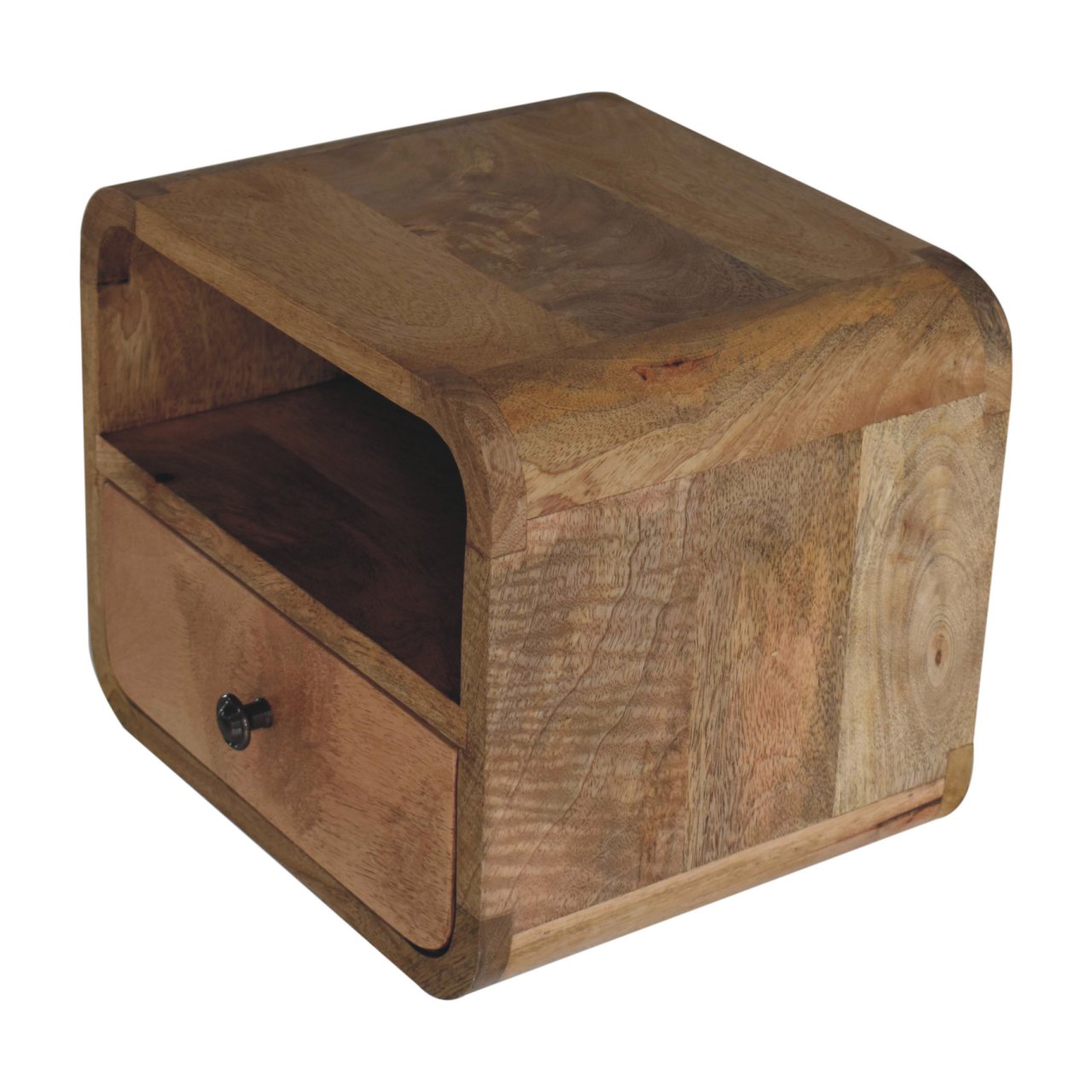 Handgemaakte -Wandkastje mini – eikenlook – gebogen – open sleuf – zwevend