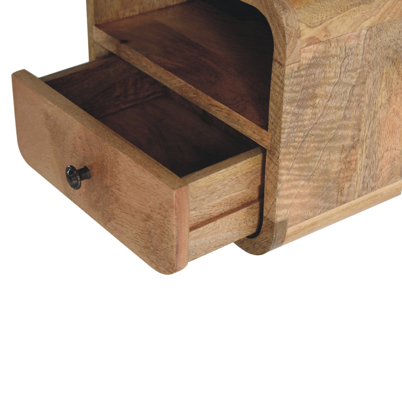 Handgemaakte -Wandkastje mini – eikenlook – gebogen – open sleuf – zwevend