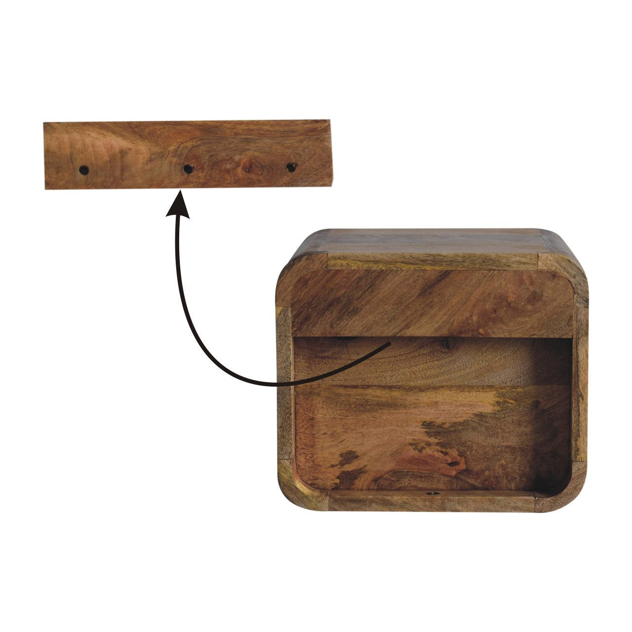 Handgemaakte -Wandkastje mini – eikenlook – gebogen – open sleuf – zwevend