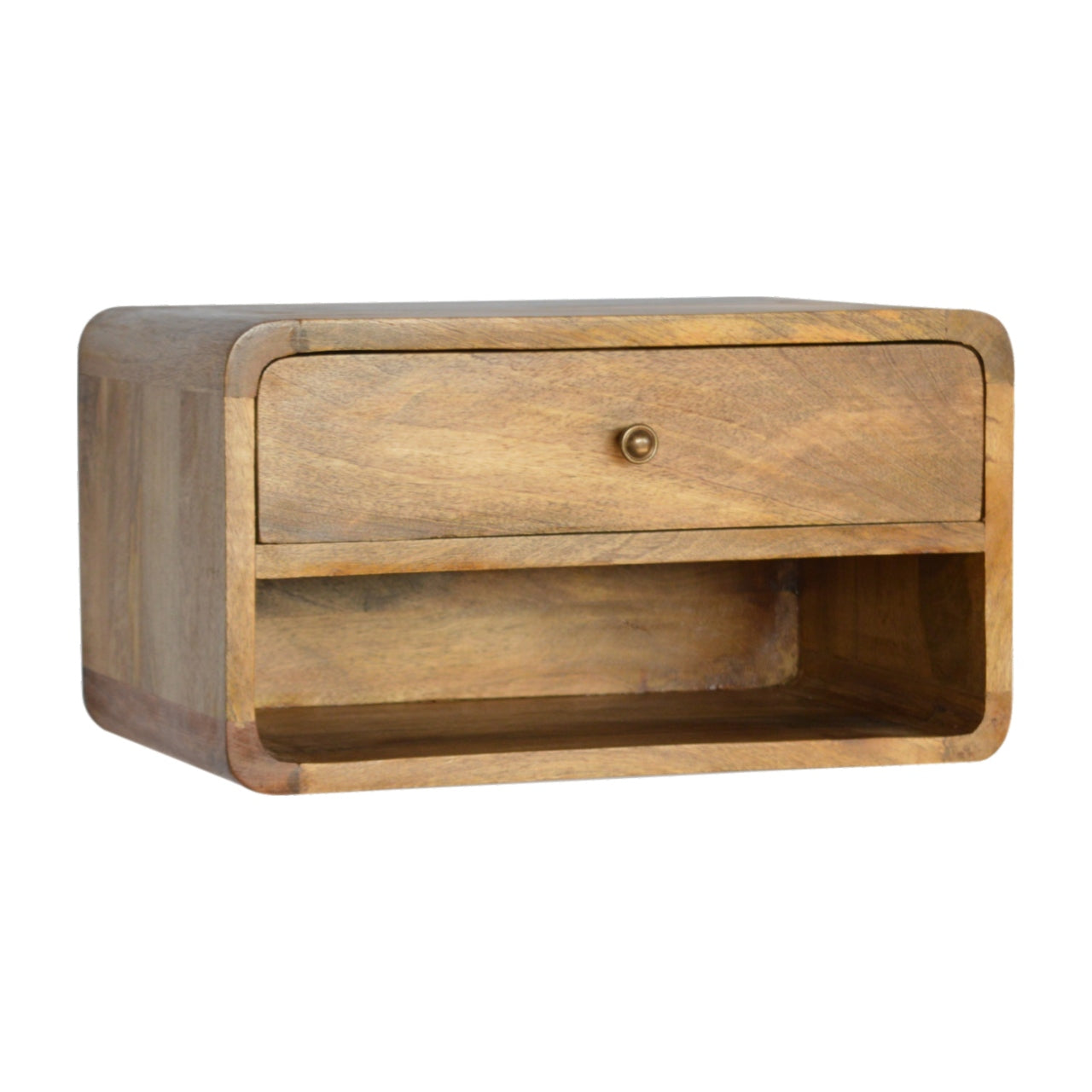 Handgemaakte -Prachtig wandkastje – open vak – rond gebogen front – naturel hout
