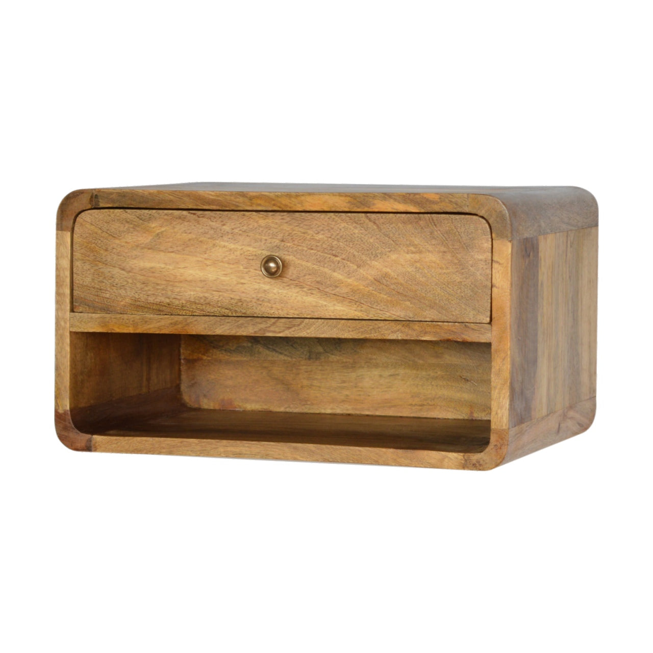 Handgemaakte -Prachtig wandkastje – open vak – rond gebogen front – naturel hout
