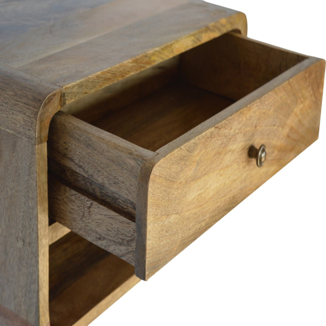 Handgemaakte -Prachtig wandkastje – open vak – rond gebogen front – naturel hout