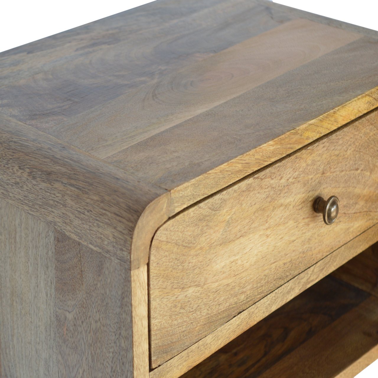 Handgemaakte -Prachtig wandkastje – open vak – rond gebogen front – naturel hout