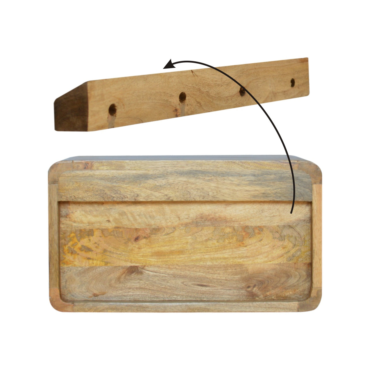 Handgemaakte -Prachtig wandkastje – open vak – rond gebogen front – naturel hout