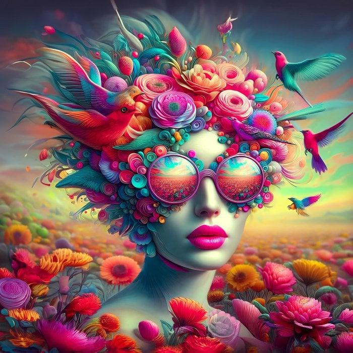 Prachtige Acrylglas Schilderij “Woman with Unusual Glasses I” – Vrouw met Bloemen & Vogels