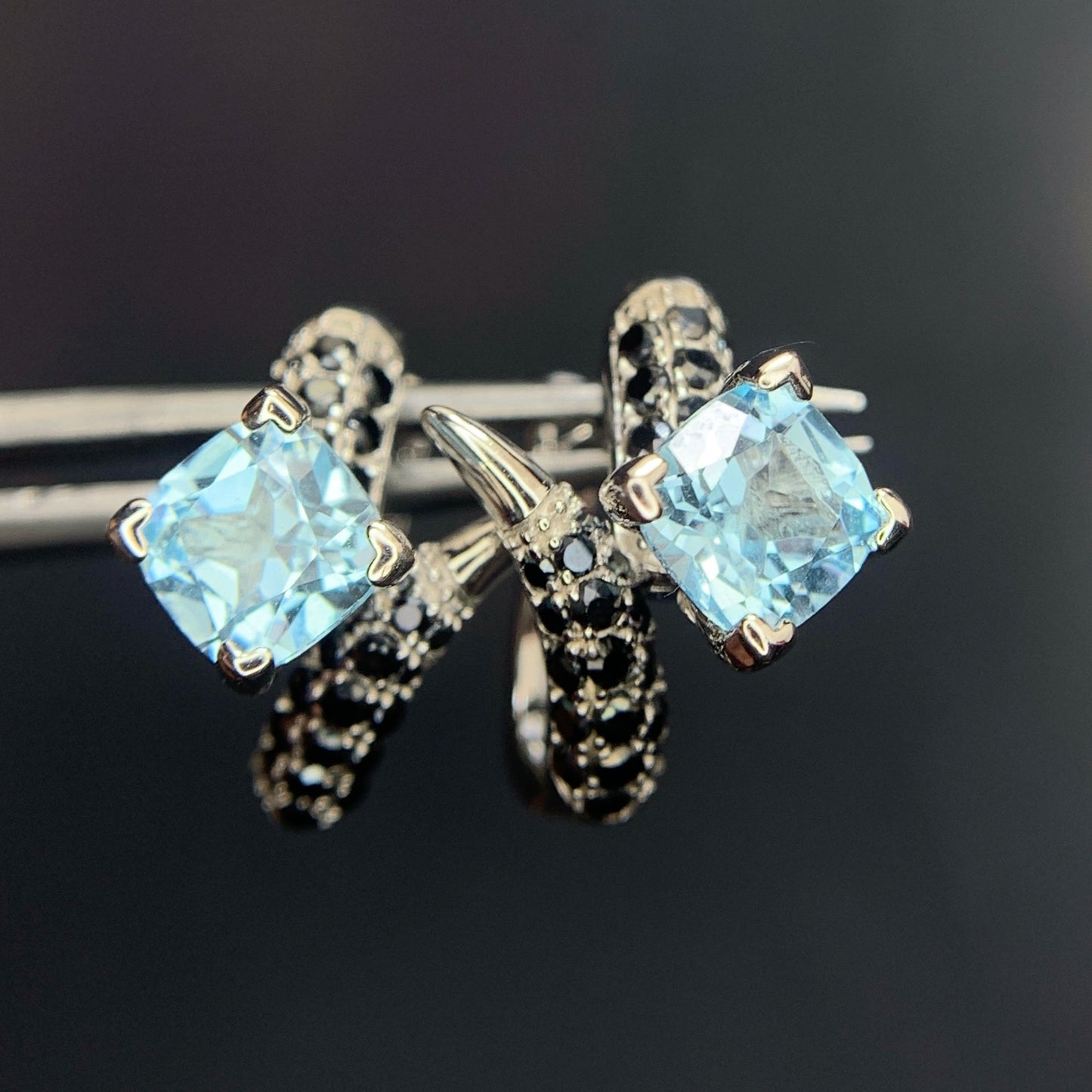 23.68CT Swiss Blue Topaz with Spinel Ear Studs in 925 Silver|Rhodium Plated