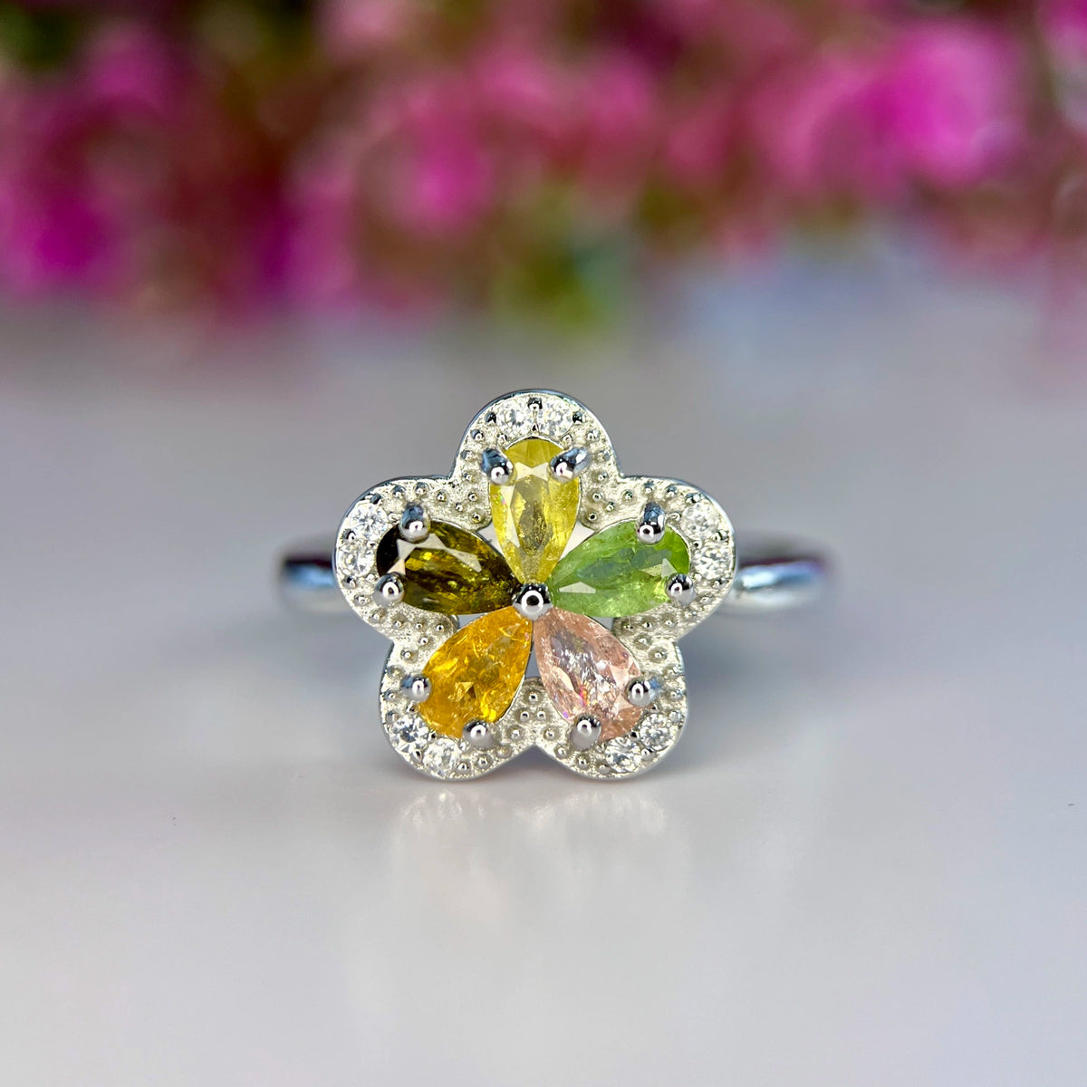 Natuurlijke Multi Tourmalijn Ring met Zirkonia – Rhodium Plated