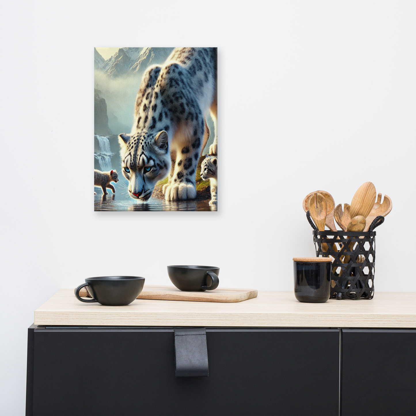 Premium Canvasprint van een Sneeuwluipaard - Hoge Kwaliteit, Handgemaakt op Massief Houten Frame - Verschillende Formaten