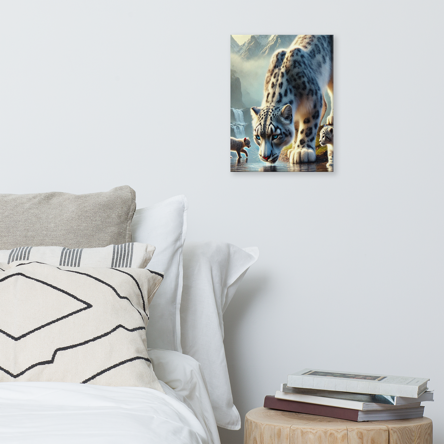 Premium Canvasprint van een Sneeuwluipaard - Hoge Kwaliteit, Handgemaakt op Massief Houten Frame - Verschillende Formaten