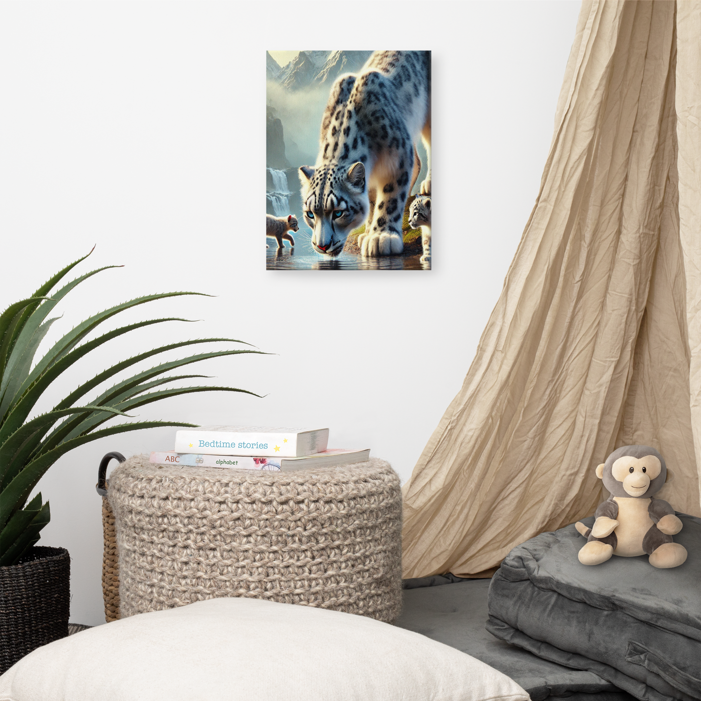 Premium Canvasprint van een Sneeuwluipaard - Hoge Kwaliteit, Handgemaakt op Massief Houten Frame - Verschillende Formaten