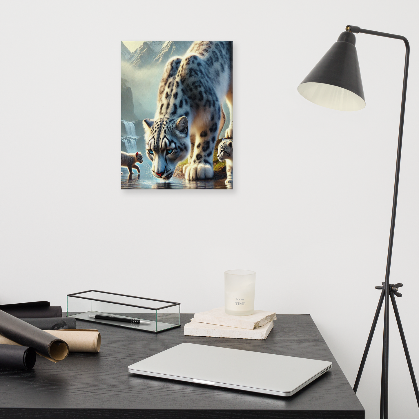 Premium Canvasprint van een Sneeuwluipaard - Hoge Kwaliteit, Handgemaakt op Massief Houten Frame - Verschillende Formaten