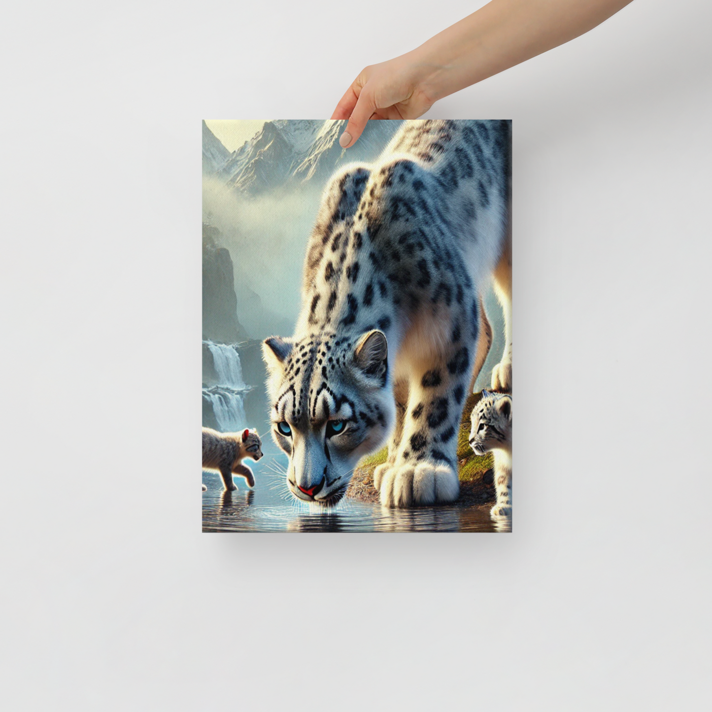 Premium Canvasprint van een Sneeuwluipaard - Hoge Kwaliteit, Handgemaakt op Massief Houten Frame - Verschillende Formaten