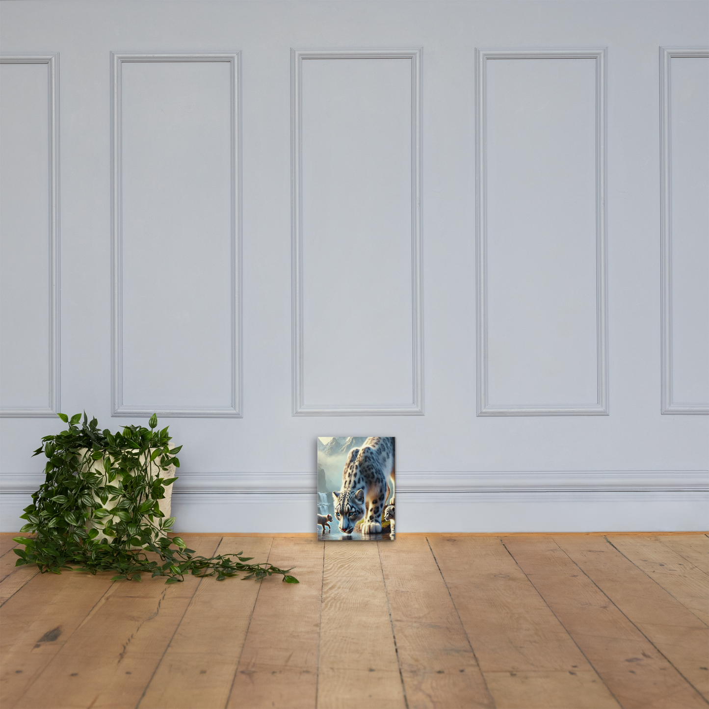 Premium Canvasprint van een Sneeuwluipaard - Hoge Kwaliteit, Handgemaakt op Massief Houten Frame - Verschillende Formaten