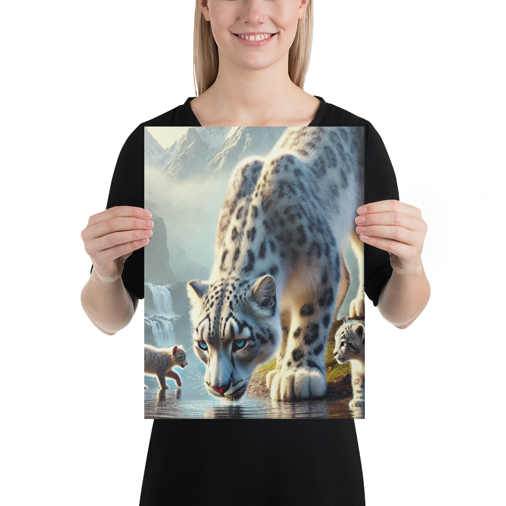 Premium Canvasprint van een Sneeuwluipaard - Hoge Kwaliteit, Handgemaakt op Massief Houten Frame - Verschillende Formaten