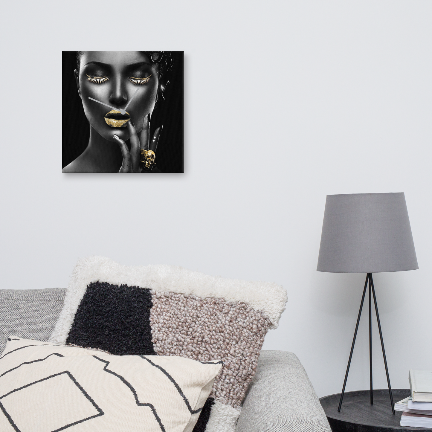 Acrylglas wandklok “Black & White Woman” met bladgoud – design kunstklok