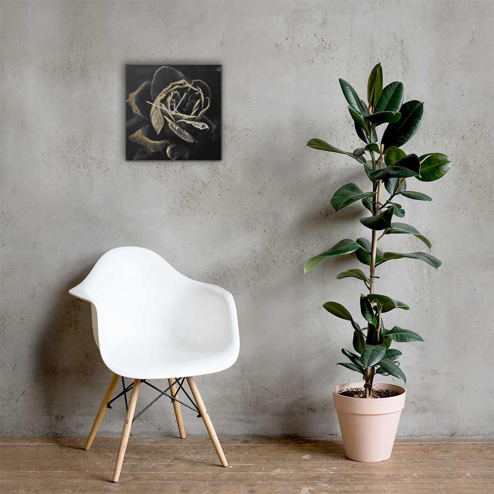 Black Rose Wandklok met Bladgoud – Luxe Acrylglas Klok van Unique Treasure