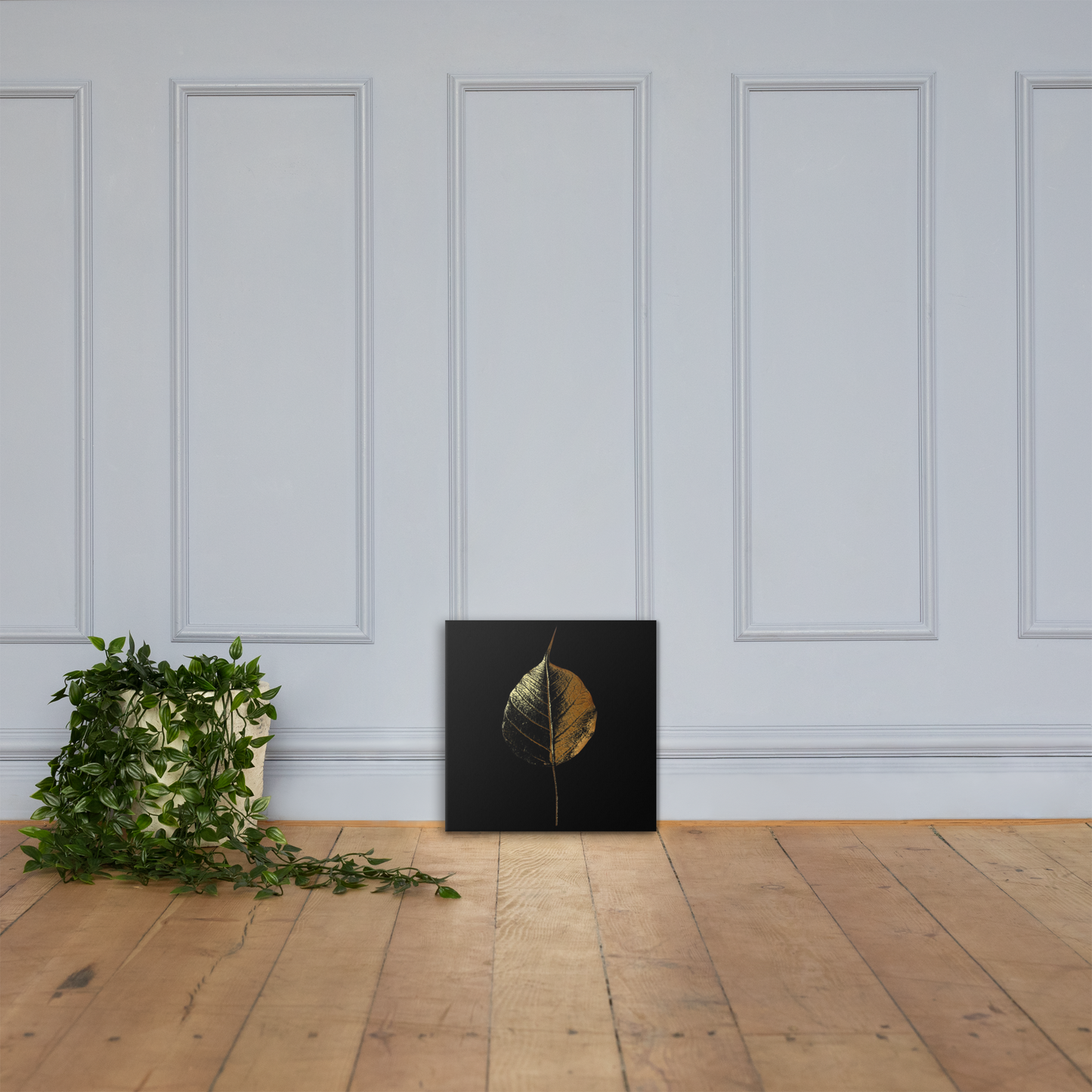 Acrylglas Kunstwerk met Bladgoud – Goudkleurig Blad op Zwarte Achtergrond – Luxe Wanddecoratie | Uniek Design