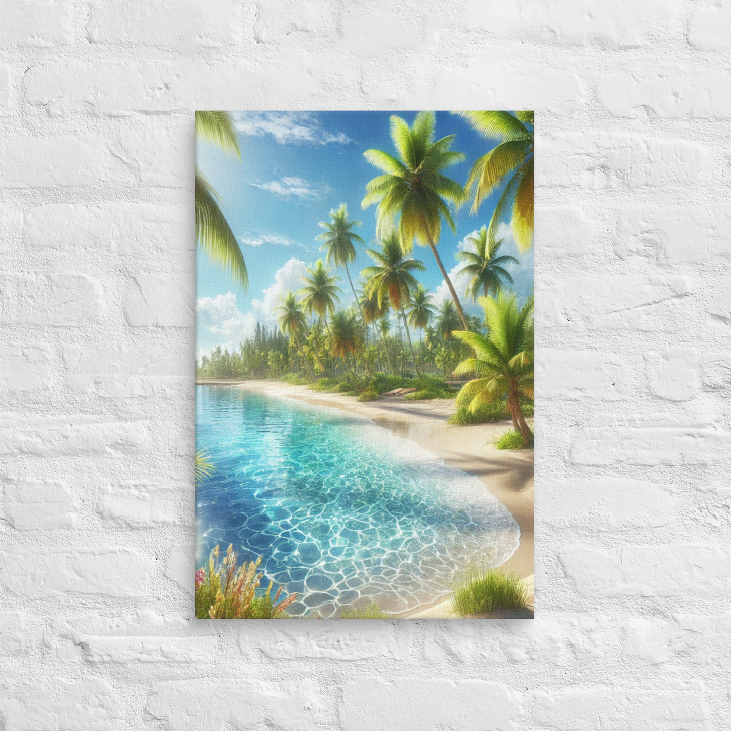 Canvas Wanddecoratie - Rustgevend Strand met Heldere Zee en Palmbomen - Premium Kwaliteit