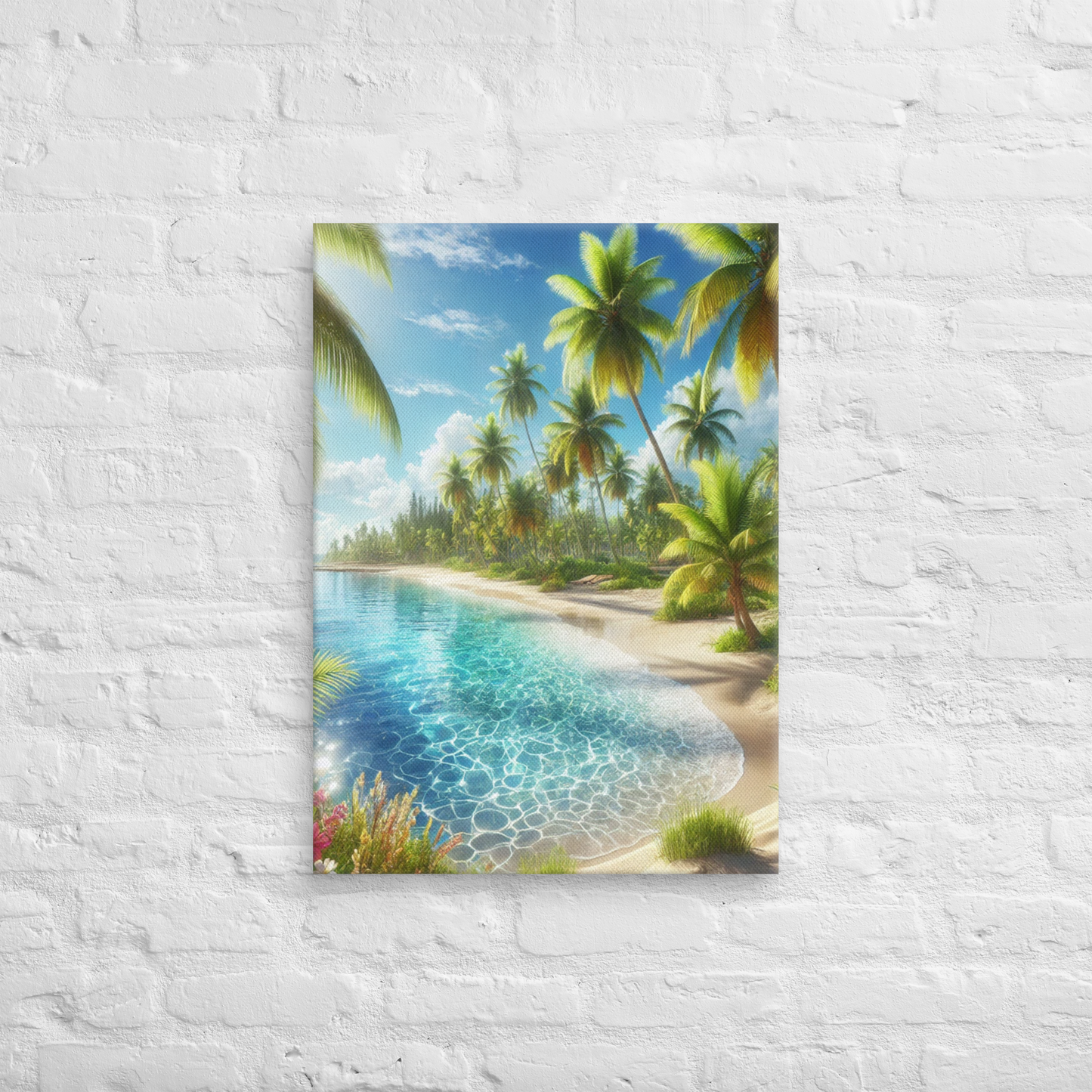 Canvas Wanddecoratie - Rustgevend Strand met Heldere Zee en Palmbomen - Premium Kwaliteit