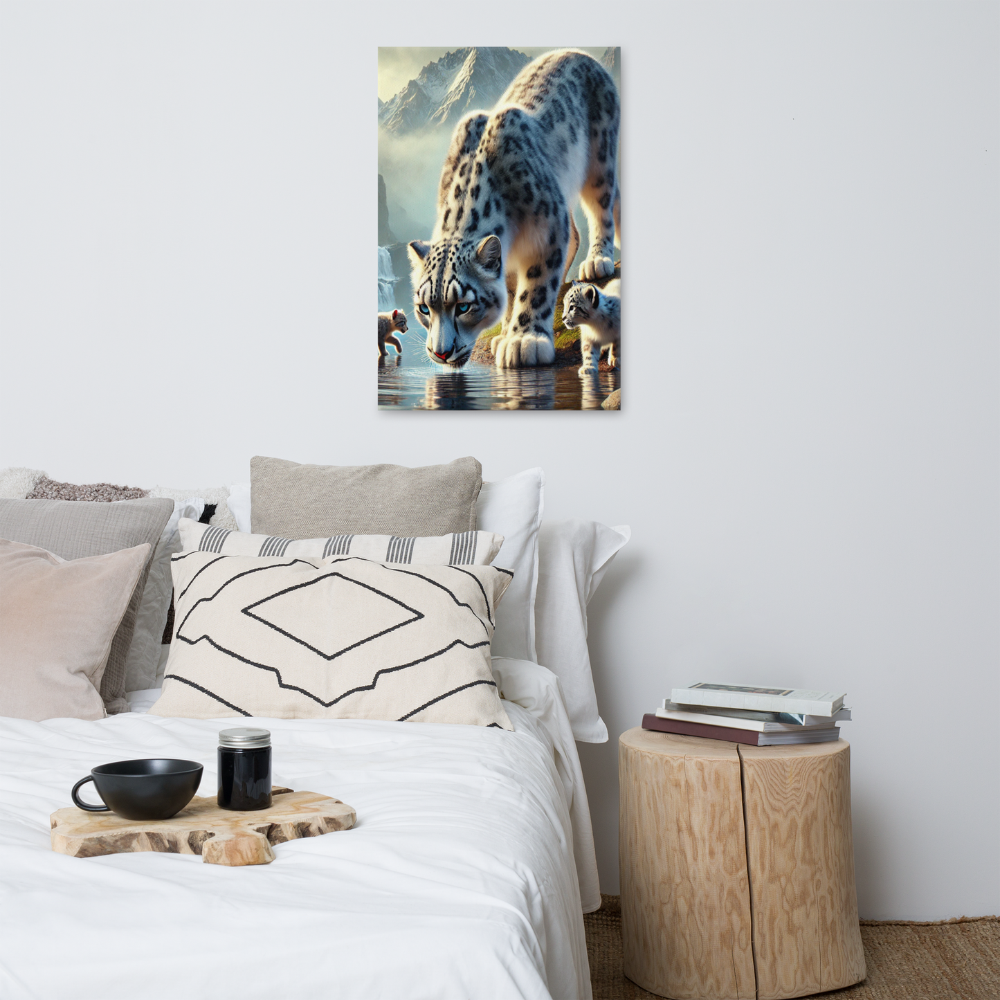 Premium Canvasprint van een Sneeuwluipaard - Hoge Kwaliteit, Handgemaakt op Massief Houten Frame - Verschillende Formaten