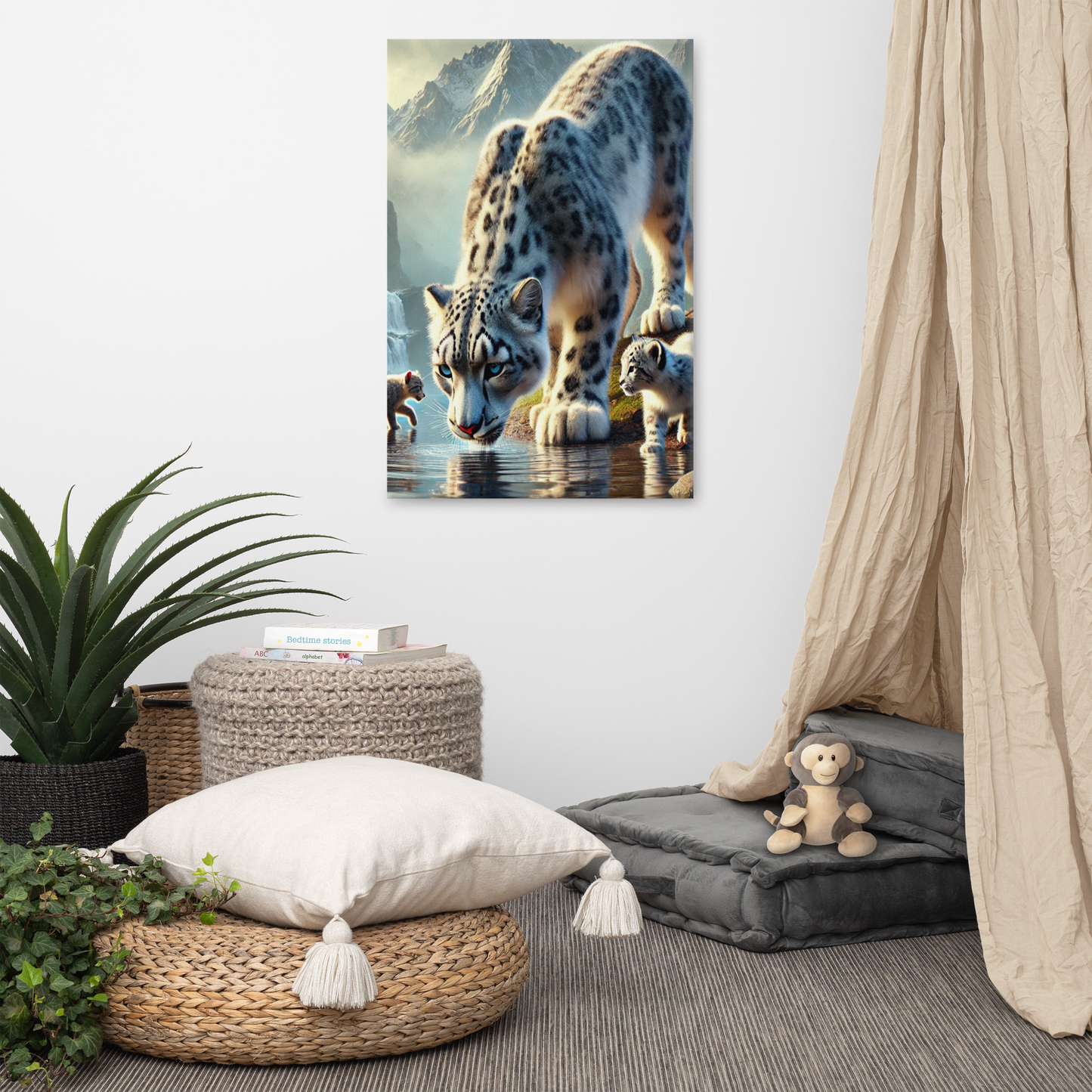 Premium Canvasprint van een Sneeuwluipaard - Hoge Kwaliteit, Handgemaakt op Massief Houten Frame - Verschillende Formaten