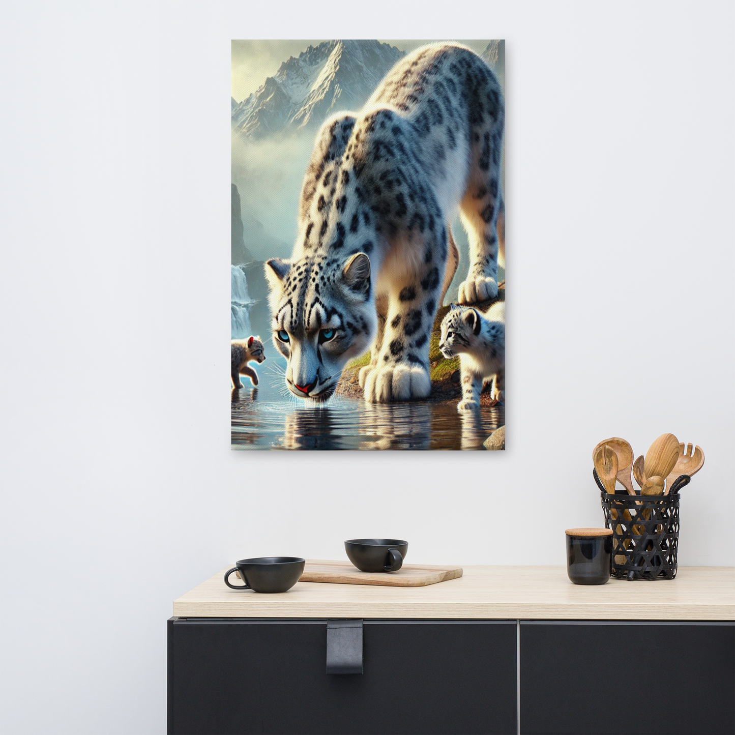 Premium Canvasprint van een Sneeuwluipaard - Hoge Kwaliteit, Handgemaakt op Massief Houten Frame - Verschillende Formaten