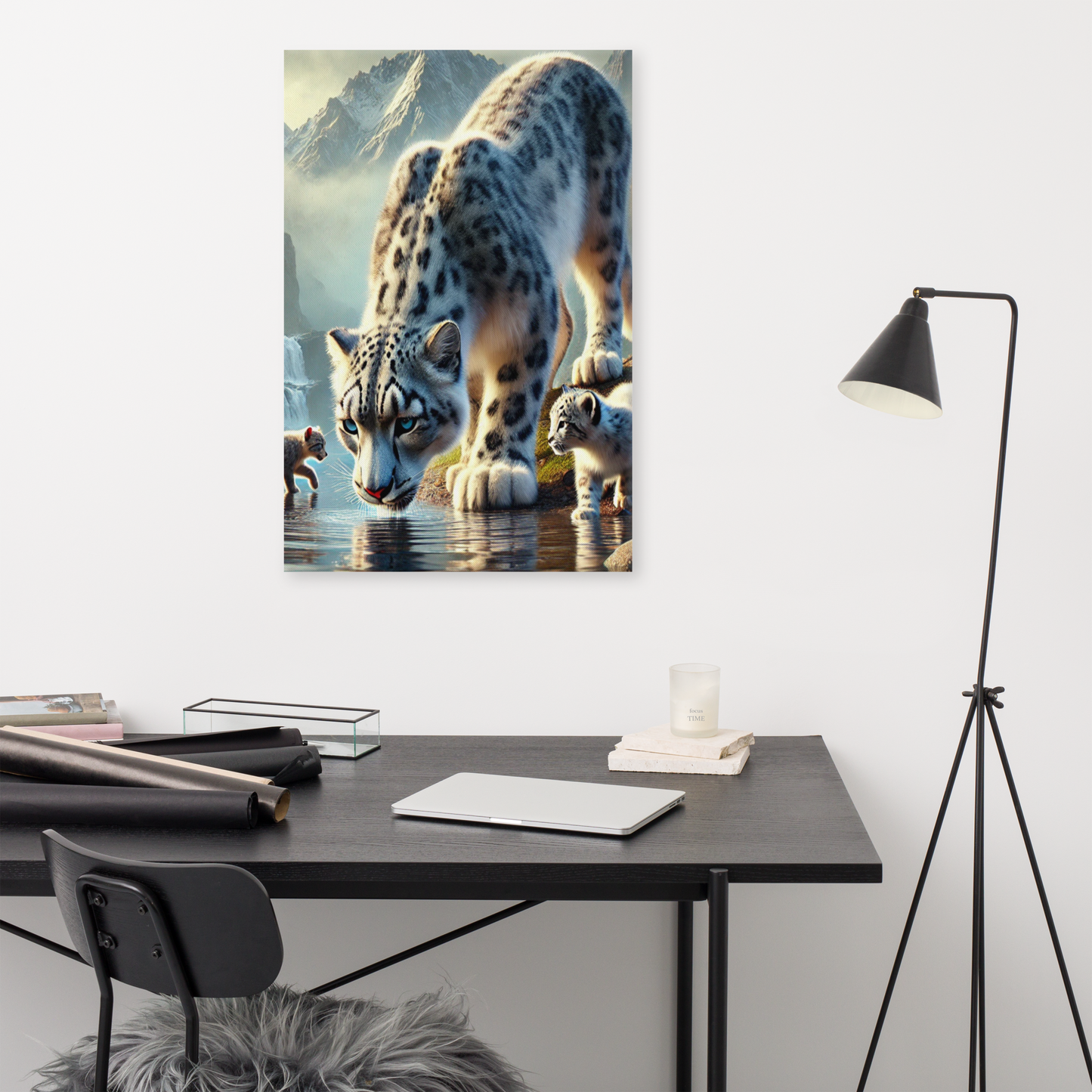 Premium Canvasprint van een Sneeuwluipaard - Hoge Kwaliteit, Handgemaakt op Massief Houten Frame - Verschillende Formaten