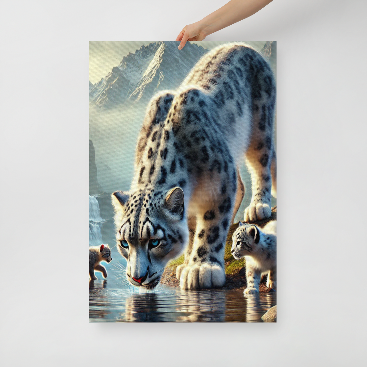 Premium Canvasprint van een Sneeuwluipaard - Hoge Kwaliteit, Handgemaakt op Massief Houten Frame - Verschillende Formaten